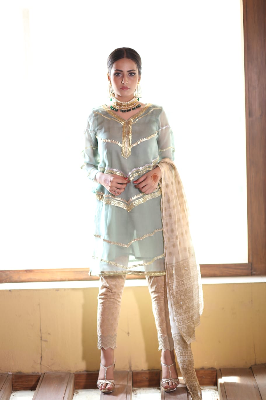 Sea green organza kurta